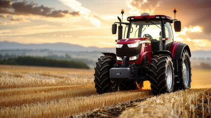 Fototapeta premium Red tractor working on a wheat field during sunset, scenic agricultural landscape.