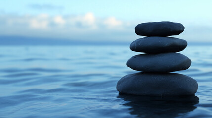 Minimalist stacked stones over blue sea at dusk