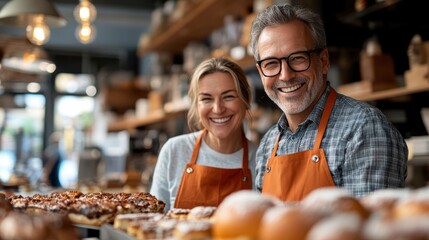 A joyful couple of bakers wearing aprons joyfully showcase an assortment of fresh pastries in their bakery, embodying craftsmanship, collaboration, and happiness.