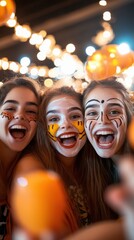 Obraz premium Three young women with face paint and colorful decorations, laughing together, embodying friendship and joy during a lively and festive gathering.