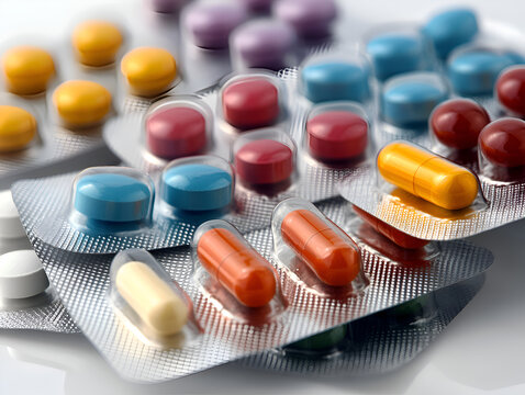 Colorful Pills and Capsules for Health and Wellness in Pharmacy Display