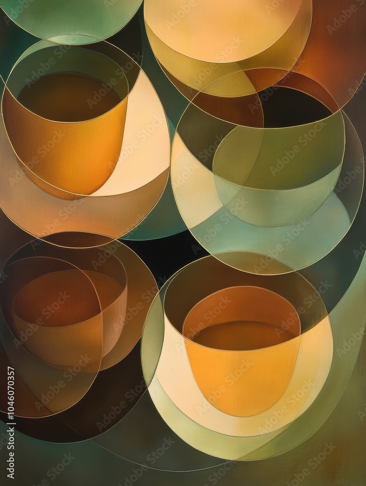 Leinwandbilder Warm brown and green tones form circular shapes resembling tea cups arranged in a visually appealing and harmonious layout. Generative AI