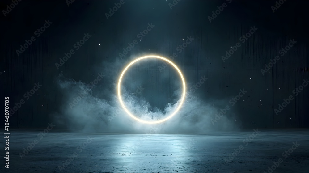 Poster Ethereal glowing orb surrounded by swirling cosmic mist creating a captivating motion effect in a minimalist abstract design  The luminous sphere evokes a sense of serenity and mystery in a cosmic