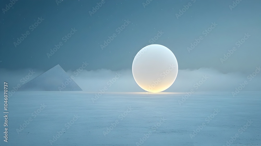 Poster Radiant orb glowing softly within a misty atmospheric cosmic landscape invoking a sense of motion mystery and minimalist abstract beauty