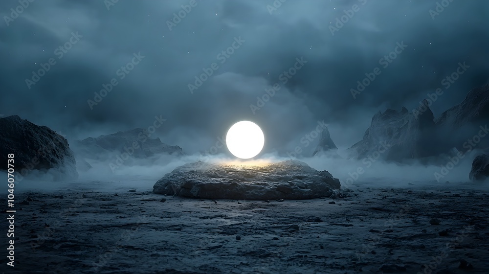 Aufkleber Glowing orb of light floating in a misty atmospheric cosmic landscape radiating an ethereal glow and undulating motion in a sleek minimalist design that evokes a sense of serenity space