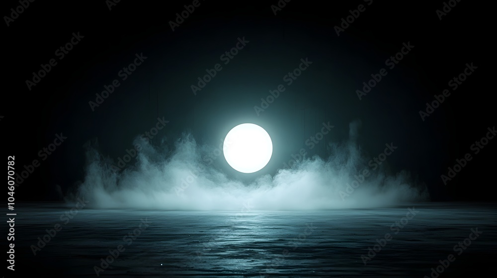 Poster Luminous orb hovering in a misty atmospheric cosmic scene creating a sense of motion and tranquility with a minimalist abstract design