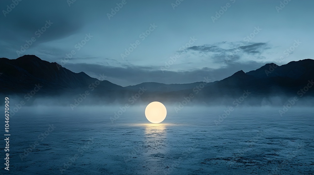 Poster Glowing orb radiating soft light and gentle motion creating a minimalist background of captivating celestial beauty within a cosmic mist