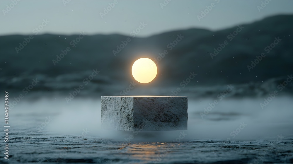 Poster Captivating Floating Orb of Soft Light within a Misty Cosmic Landscape Embodying Sleek Minimalist Design and Motion  The serene and ethereal scene evokes a sense of tranquility and wonder