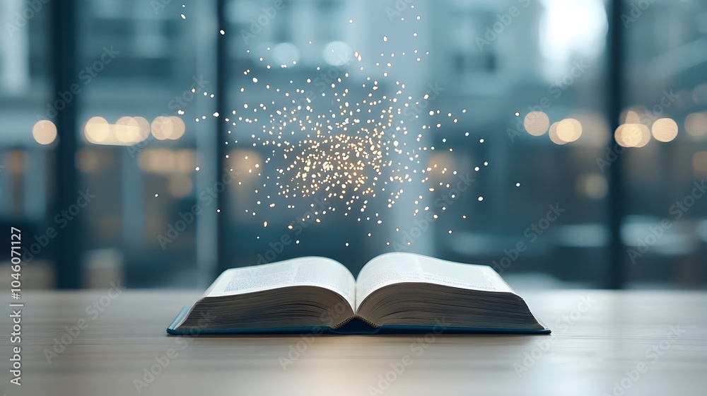 Aufkleber Mystical book opening in a dreamy ethereal atmosphere surrounded by a warm shimmering bokeh glow that captures a sense of wonder enlightenment and the allure of ancient esoteric knowledge