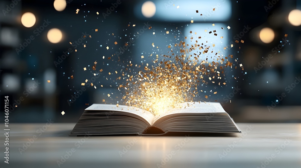 Aufkleber Mesmerizing image of a mystical book opening in a dreamy ethereal atmosphere surrounded by a warm glowing bokeh effect that creates a sense of ancient knowledge wonder and spiritual enlightenment