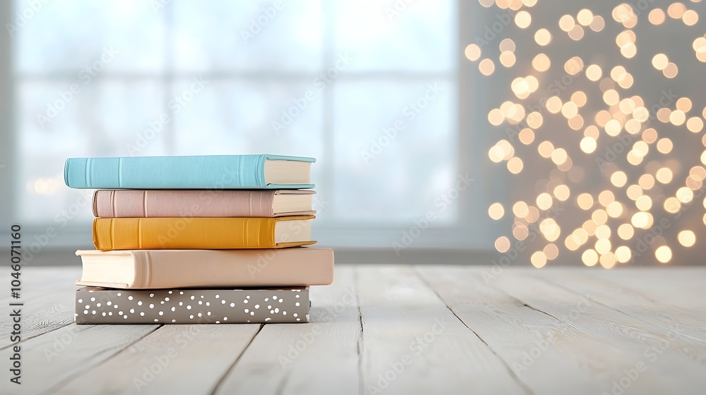 Poster a stack of aged vintage books set against a dreamy soft focused background with warm glowing tones e