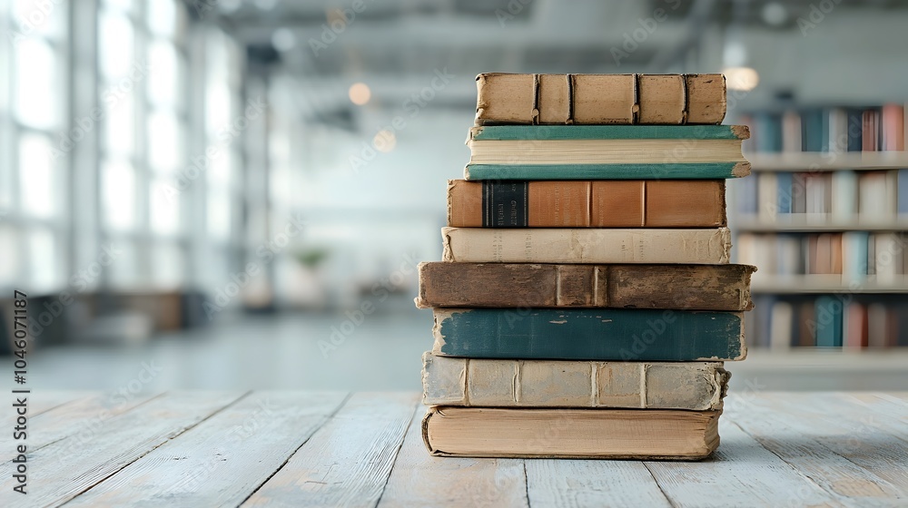 Aufkleber Stacked vintage books against a dreamy bokeh filled background with warm tones and soft lighting creating a nostalgic and mysterious atmosphere that evokes a sense of knowledge imagination