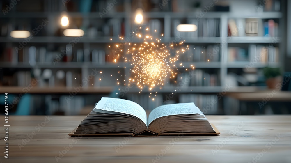 Aufkleber enchanted book opening in a glowing bokeh filled atmosphere surrounded by old tomes and evoking a se