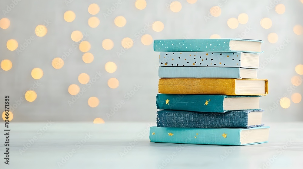 Poster stacked aged leather bound books in a soft golden bokeh background evoking a mystical and dreamy atm
