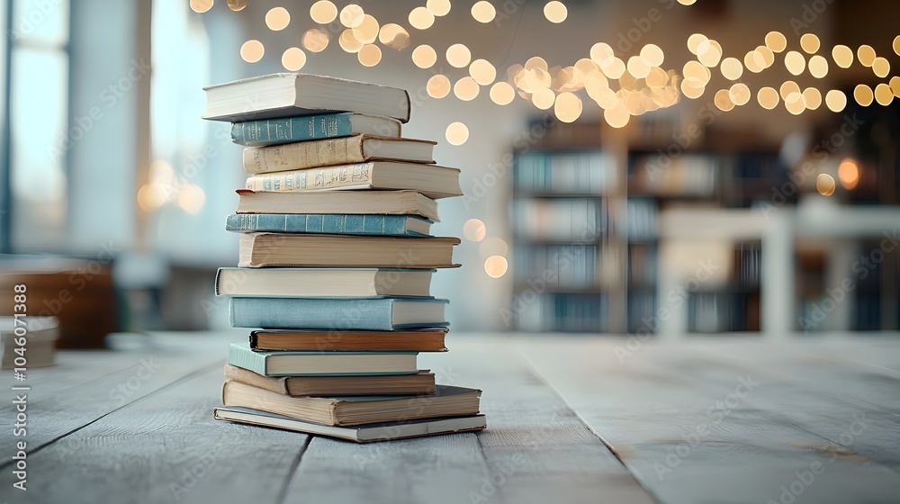 Poster stacked old books with a glowing dreamy bokeh background invoking a sense of mystery and enchantment