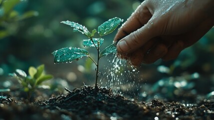 Hand Watering a Young Plant in Fresh Soil