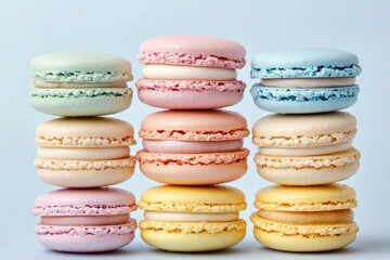 Obraz premium Colorful macarons arranged in a symmetrical pattern on a white plate, showcasing a variety of flavors and pastel hues.