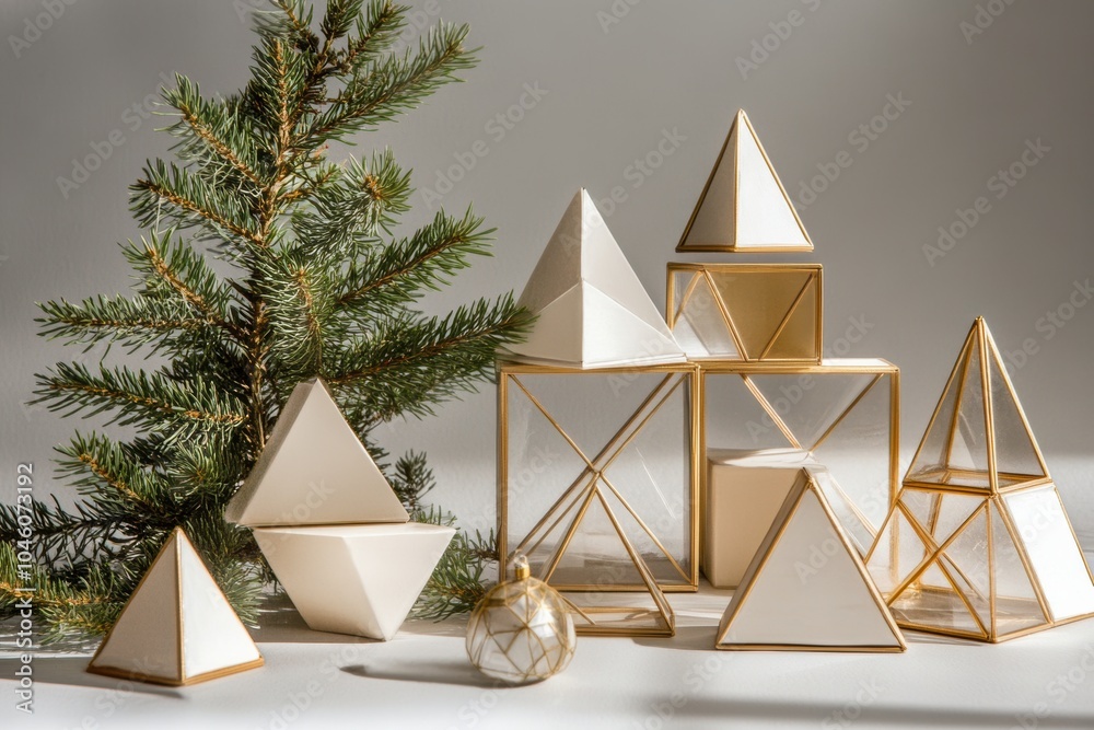 Poster a collection of clear geometric gift boxes is artistically displayed beside a green evergreen plant,
