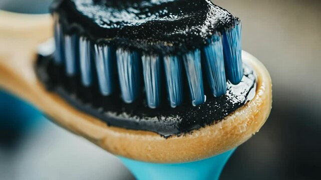 A close-up view of charcoal toothpaste on a toothbrush
