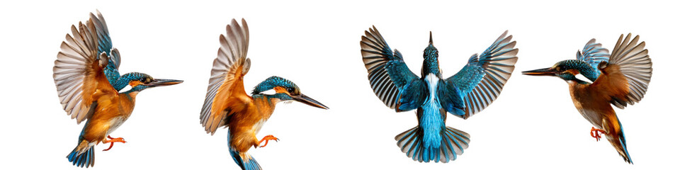 Obraz premium Kingfisher birds in mid flight isolated on transparent background