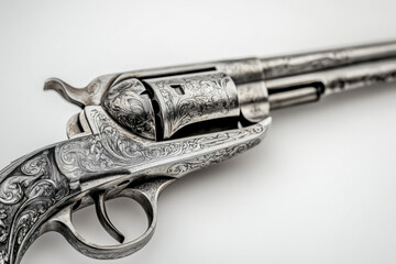 Silver revolver with intricate engraving on the barrel, resting on a weathered wooden table. Sunlight filtering through a window, casting dramatic shadows.