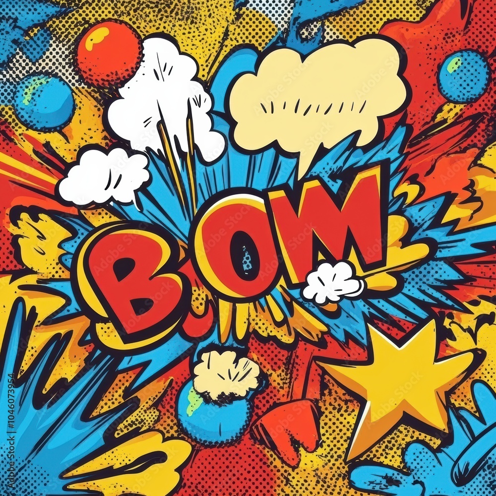 Poster brightly colored doodles feature speech bubbles and energetic sound effects like boom and bam, creat