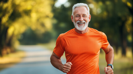Fototapeta premium joyful senior man running outdoors in vibrant orange shirt, enjoying his exercise routine in sunny park. His smile reflects happiness and vitality.