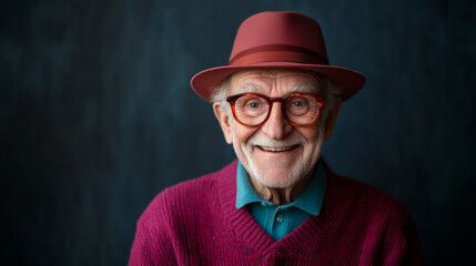 cheerful elderly man wearing pink hat and glasses, smiling warmly against dark background. His vibrant sweater adds touch of color to scene, creating joyful atmosphere.