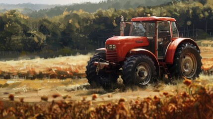 Red Tractor in a Field