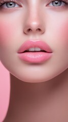 Fototapeta premium Close-Up of Beautiful Lips and Face on Pink Background