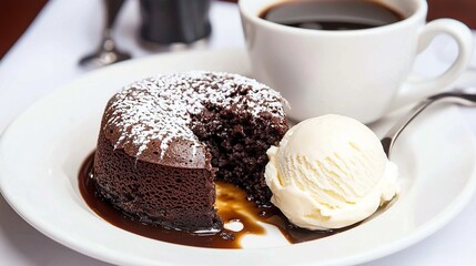   A chocolate cake with ice cream on a plate next to a cup of coffee and a spoon on a table
