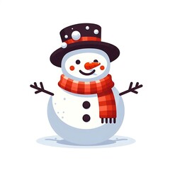 Flat, isolated illustration of a happy snowman wearing a cozy scarf and hat. The simple design features rounded shapes, a carrot nose, and twig arms, set against a clean white background.