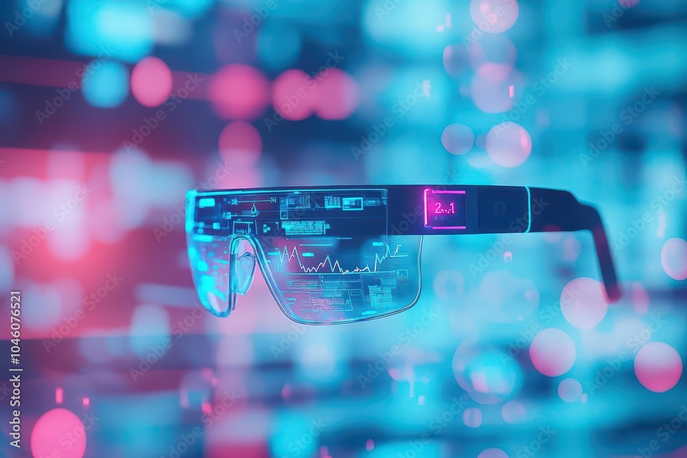 Poster Wearable devices for continuous glucose monitoring and screening top view, focusing on realtime data collection, cybernetic tone, Tetradic color scheme