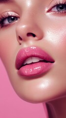 Naklejka premium Close-Up of Glossy Pink Lips and Radiant Skin