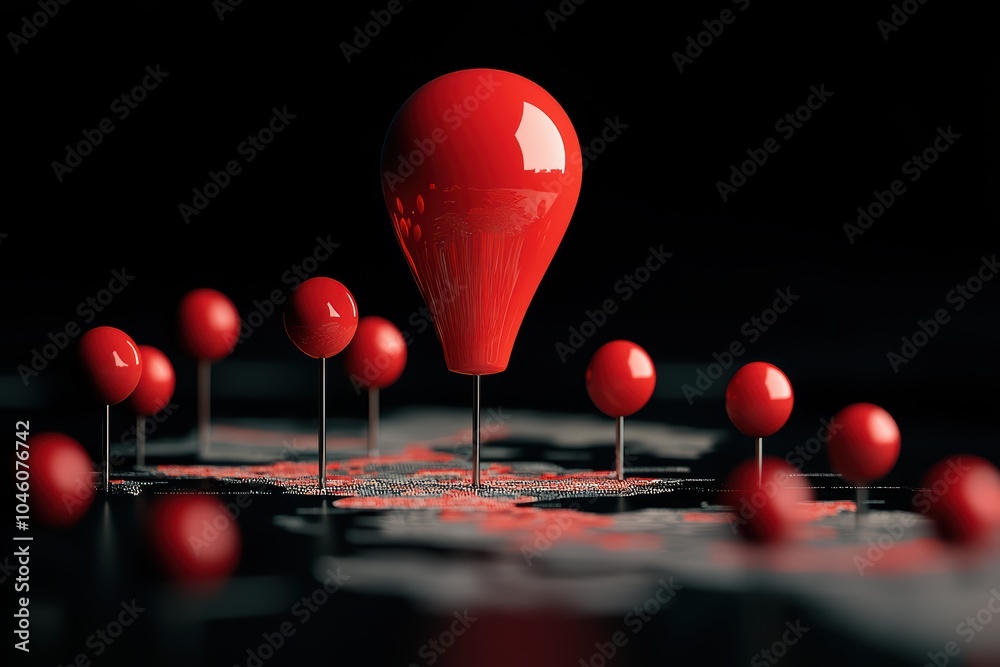 Poster 3d rendering of a red location pin on a dark map background, representing navigation and mapping con