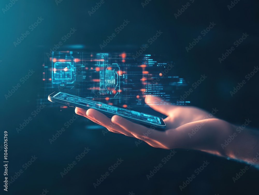 Aufkleber Sleek mobile device embedded in a users palm, holographic interface in use, side view, illustrating seamless humandevice integration, futuristic tone, Triadic color scheme
