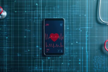 Smartphone ECG applications for heart health monitoring top view, promoting heart health through mobile tech, cybernetic tone, vivid