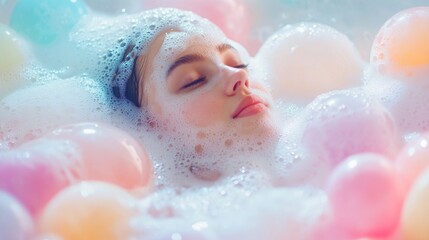 Fototapeta premium beautiful young woman in a bathtub with bubbles and colorful balloons