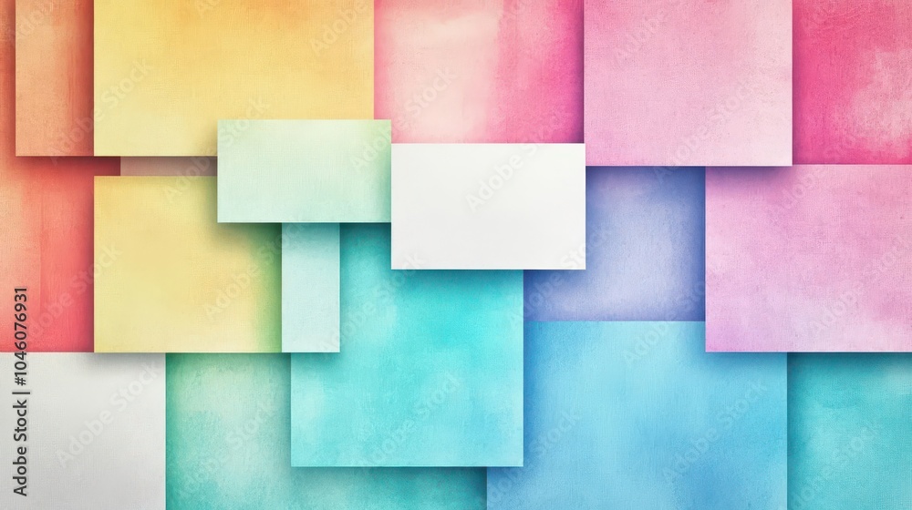 Poster Rectangular gradient blocks on a modern geometric flat design background, front view, retro theme, watercolor style, Splitcomplementary color scheme