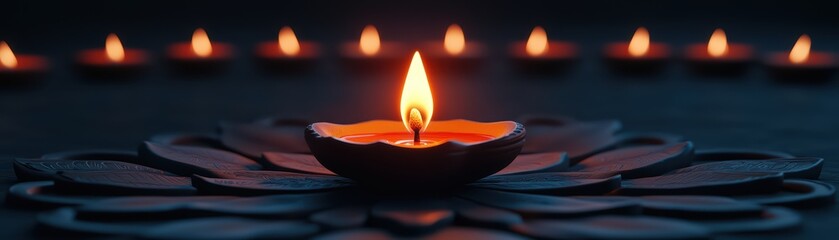 A beautiful flame lit in a decorative oil lamp on a dark background, creating a peaceful ambiance.