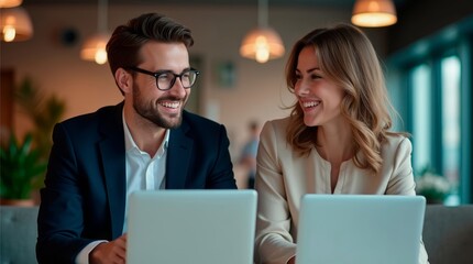 Smiling professional business man and woman working on project using laptop in office