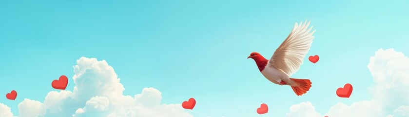 Obraz premium A bird flying in a blue sky with hearts floating around, symbolizing love and freedom.