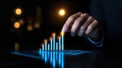 A businessman analyzing digital growth chart on a tablet in a dark atmosphere.