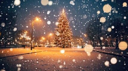 Magical Winter Night with Christmas Tree and Snowfall