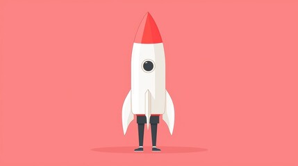A colorful rocket illustration with a simple design, set against a pink background.