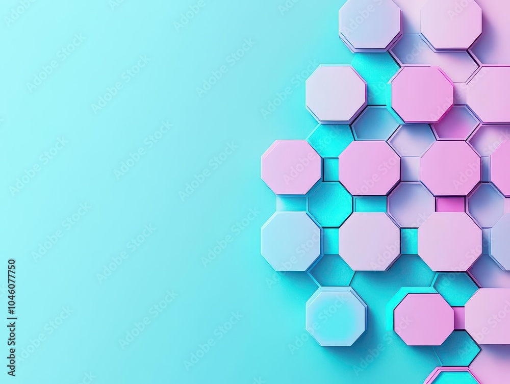 Poster Layered gradient hexagons forming a flat design on a colorful background, side view, cyberpunk theme, 3D render, Triadic Color Scheme