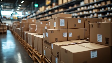  neatly organized warehouse filled with cardboard boxes stacked in various configurations