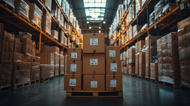  neatly organized warehouse filled with cardboard boxes stacked in various configurations