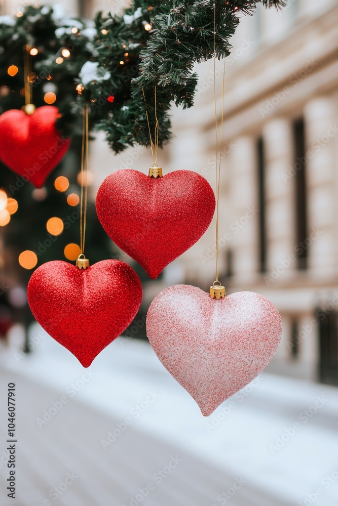 Poster Heart-shaped ornaments hanging in a festive setting.