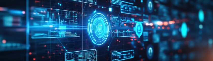 Fototapeta premium Holographic medical records, blue neon interface, advanced care system, futuristic hospital